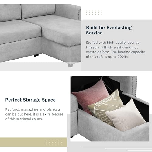 L Shaped Convertible Sleeper Sectional Sofa with Storage Chaise and Pull-out Bed, Velvet Upholstered, Gray O7399