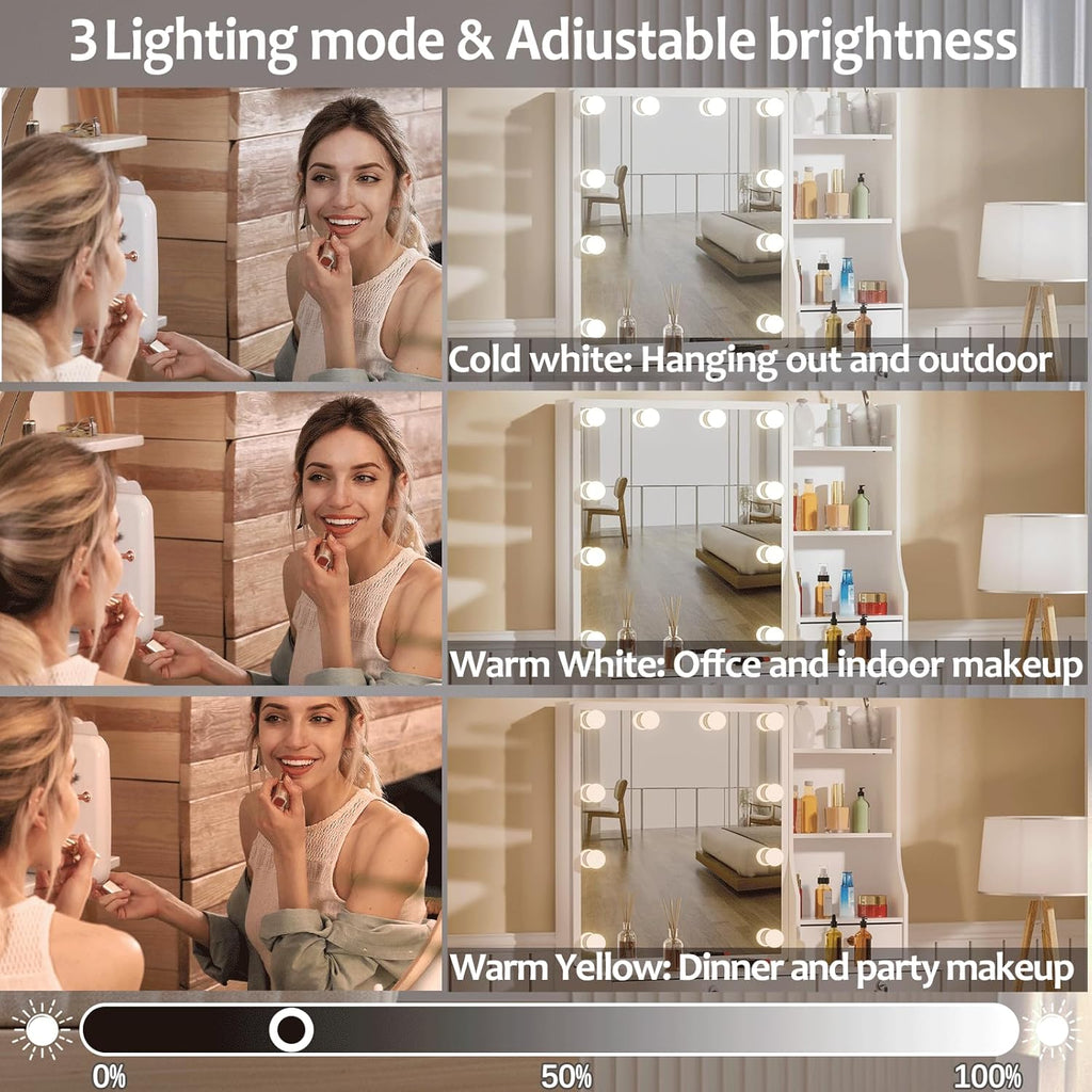 Girls Makeup Vanity with Sliding Mirror and Lights, Lockable Drawers, Soft Chair V777