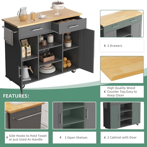 Kitchen Island Cart with Storage, Rolling Cabinet, 3 Shelves and 3 Drawers, Black N2755