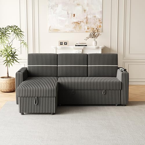 L-Shaped Sleeper Sectional Sofa Bed with Storage Chaise, Corduroy, Brown R16933