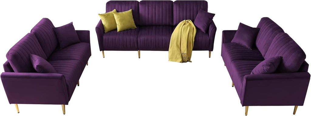 3-Piece Velvet Sectional Sofa Set with Metal Legs, Purple T642494