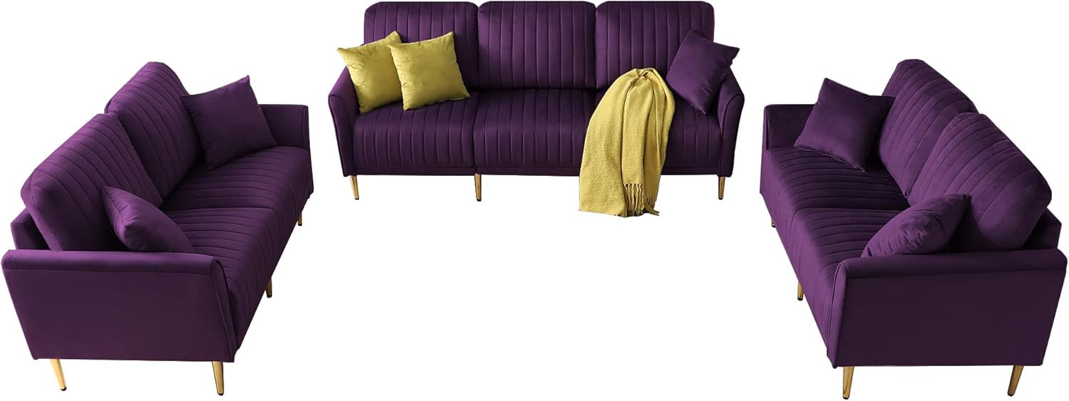 3-Piece Velvet Sectional Sofa Set with Metal Legs, Purple T642494