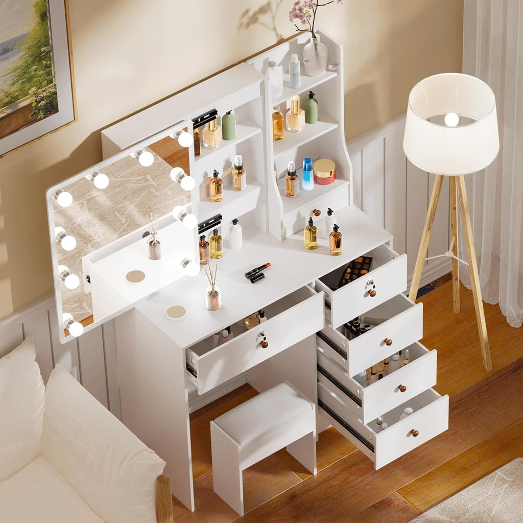 Girls Makeup Vanity with Sliding Mirror and Lights, Lockable Drawers, Soft Chair V777
