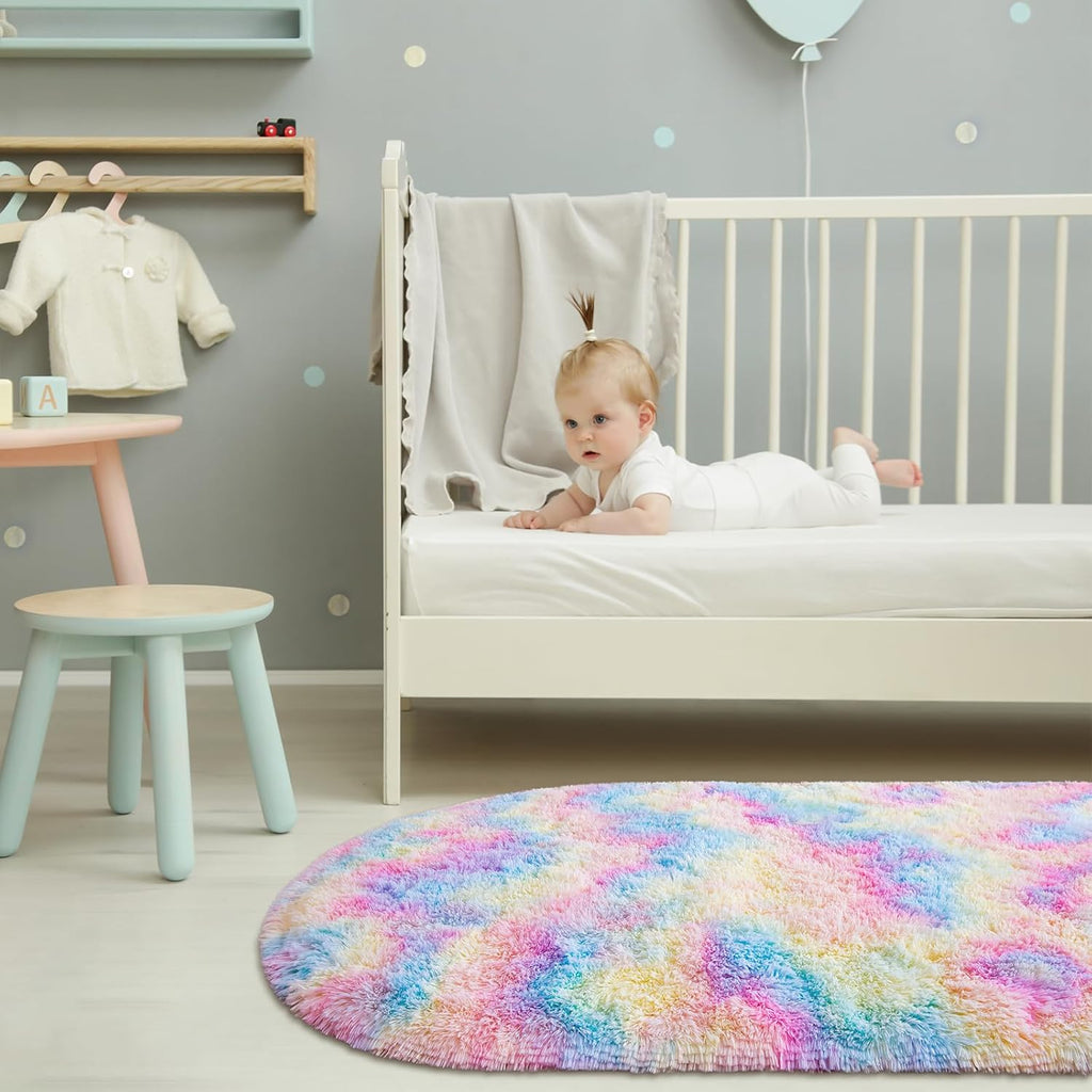 Fluffy Shag Area Rugs for Bedroom, Set of 2, Grey & Rainbow, Oval Indoor Carpet D990699