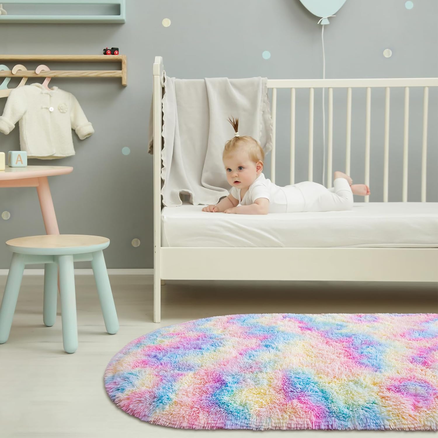 Fluffy Shag Area Rugs for Bedroom, Set of 2, Grey & Rainbow, Oval Indoor Carpet D990699