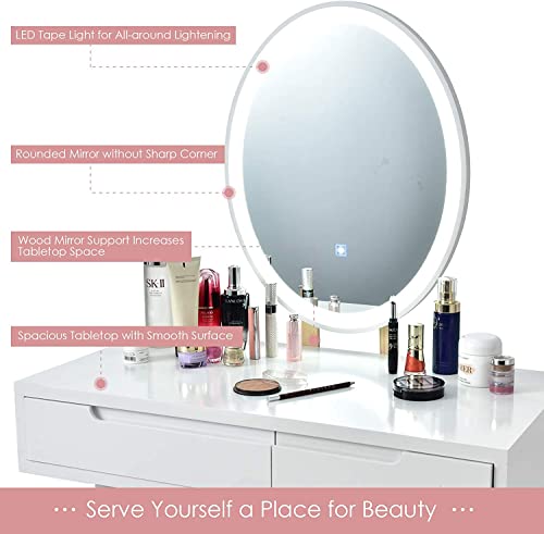 Vanity Table Set with 3-Color Lighted Mirror, Cushioned Stool & 2 Drawers W425038