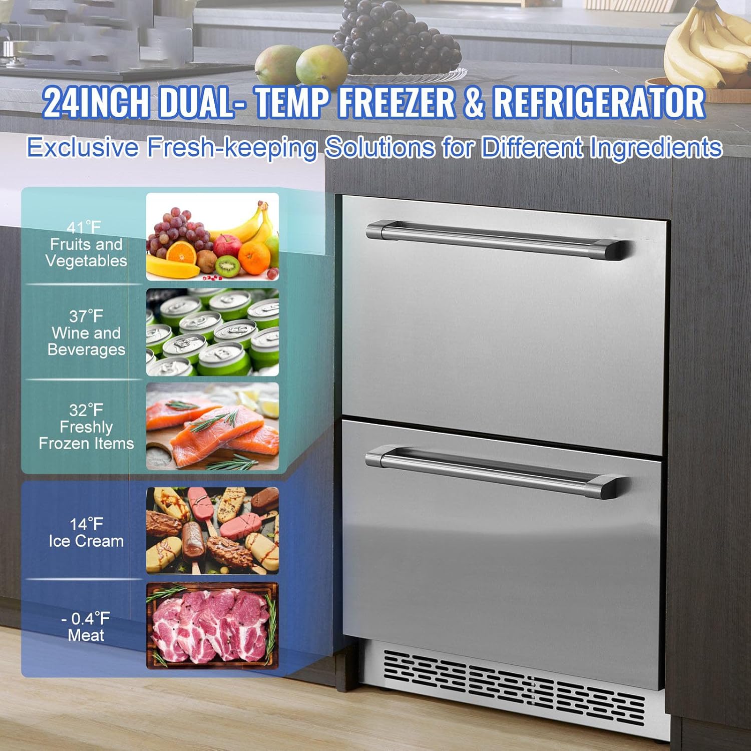 24 inch Undercounter Refrigerator, 2 Drawer, Dual Temperature, 4.87 Cu.ft. E1279