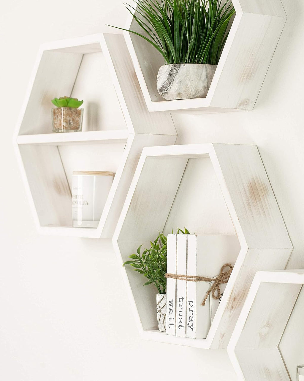 Extra Large Hexagon Floating Shelves Set of 4, Rustic White F56591
