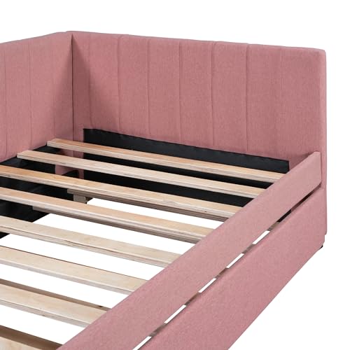 Upholstered Daybed with LED and Trundle, Teddy Fleece Sofa Bed for Kids, Bedroom, Dorm V2020