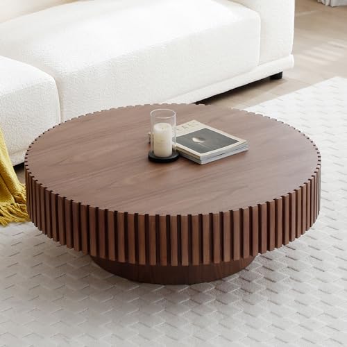 Round Coffee Table, Mid Century Modern Fluted Wood Drum Table for Living Room G127