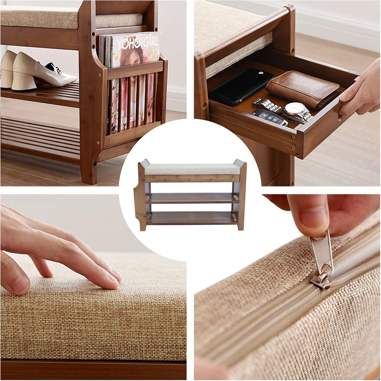 Bamboo Shoe Bench with Seat Cushion and Storage Shelf Y318