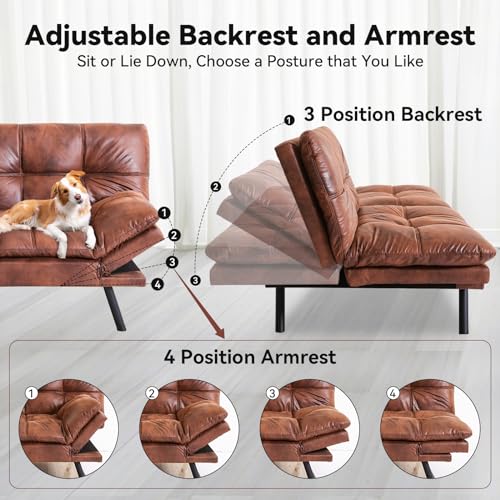 Faux Leather Futon Sofa Bed with Memory Foam, Convertible Sleeper Couch A60612