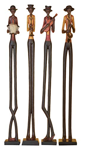 Polystone Musician Decorative Sculpture Tall Long Legged Jazz Band Home Decor Statues with Black Base Stand, Set of 4 Accent Figurines B370