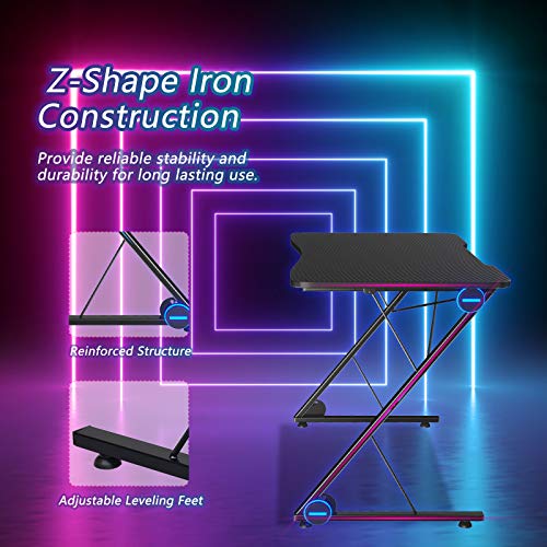 Gaming Computer Desk with LED Lights and Carbon Fiber Surface A225
