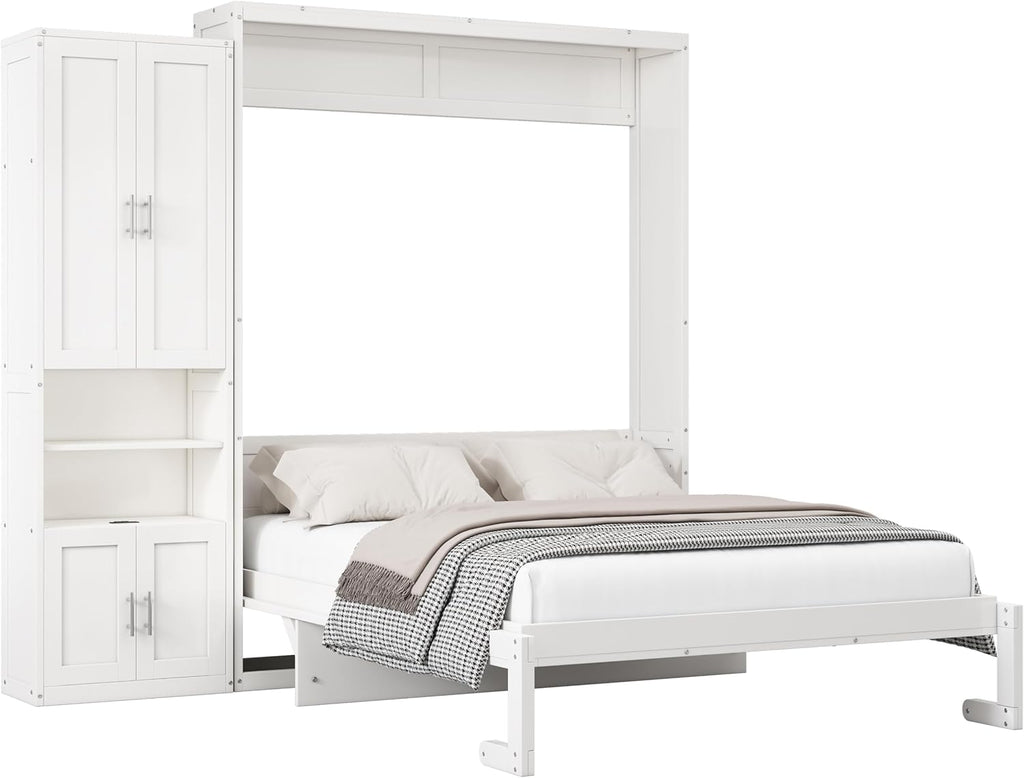 Queen Size Murphy Bed Chest with Desk and Side Storage Cabinet, Solid Pine, Foldable K896821