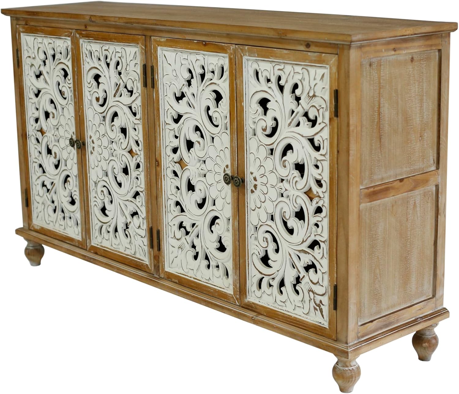 Accent Cabinet with 4 Doors, Wood Carved Floral Storage Sideboard Z52452