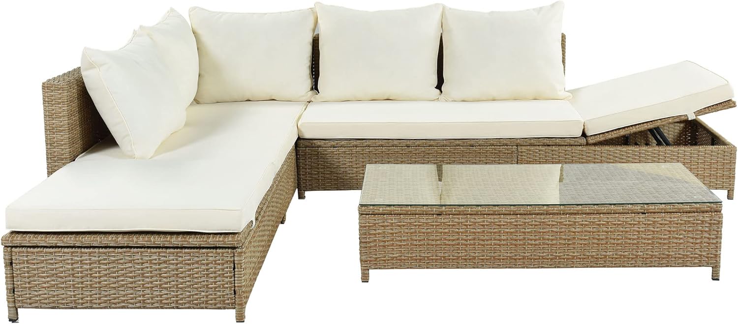 Patio Furniture Set with Wicker Sectional Sofa and Glass Table G133178