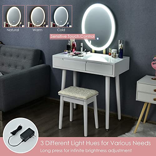 Vanity Table Set with 3-Color Lighted Mirror, Cushioned Stool & 2 Drawers W425038