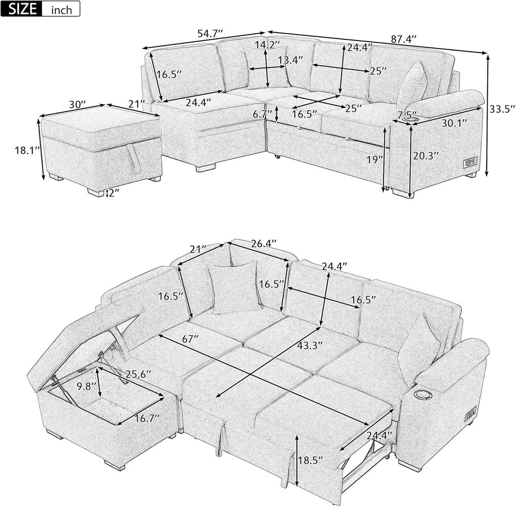Sleeper Sofa Bed with Storage Ottoman, L-Shape Pull Out Couch L78390