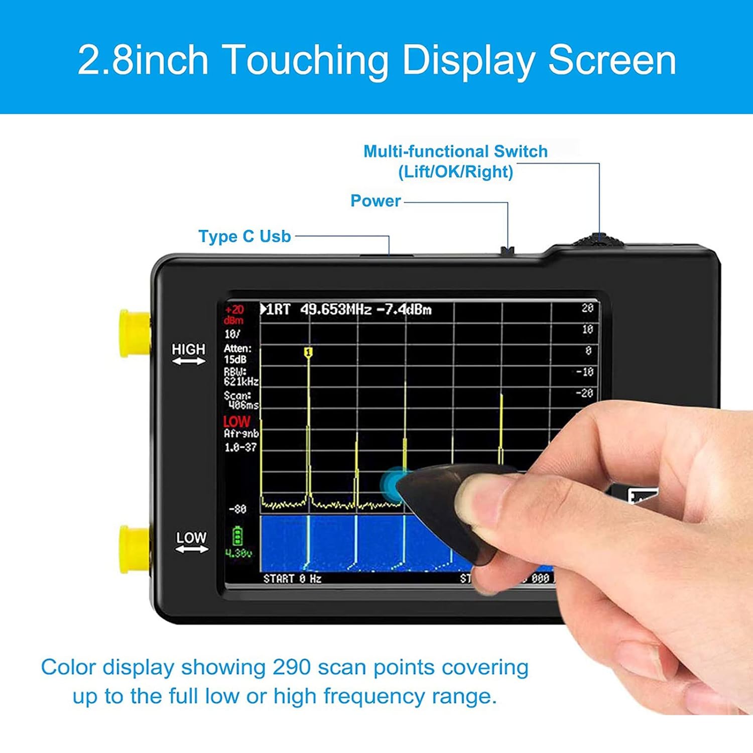 Spectrum Analyzer Handheld, 2.8inch Touchscreen 100KHz-960MHz Portable Frequency Analyzer S83804