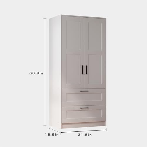 Wood Wardrobe Closet with 2 Doors and Drawers, Freestanding Armoire Storage Cabinet with Shelves P843