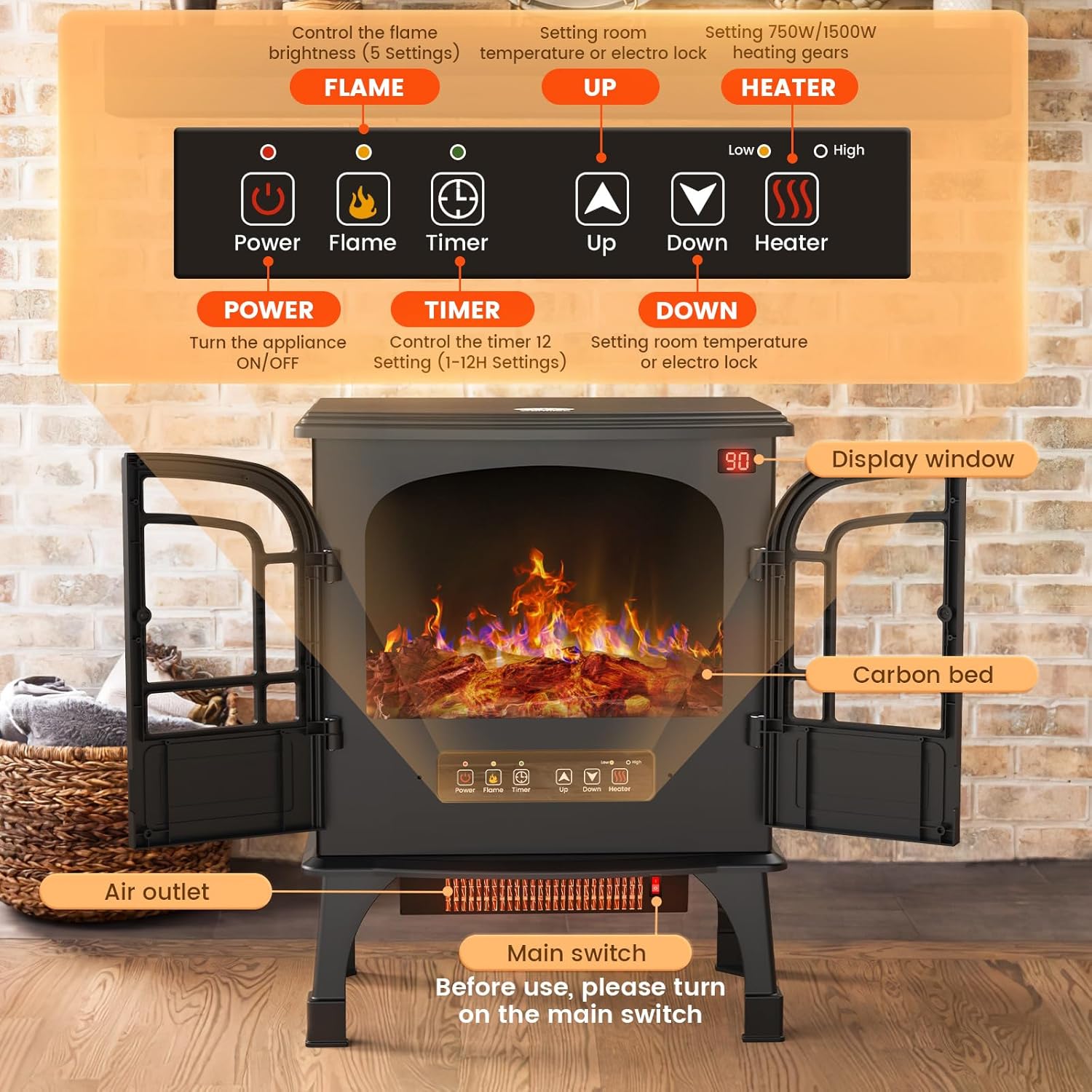 Electric Fireplace Heater with Remote Control, 3D Realistic Flame I403