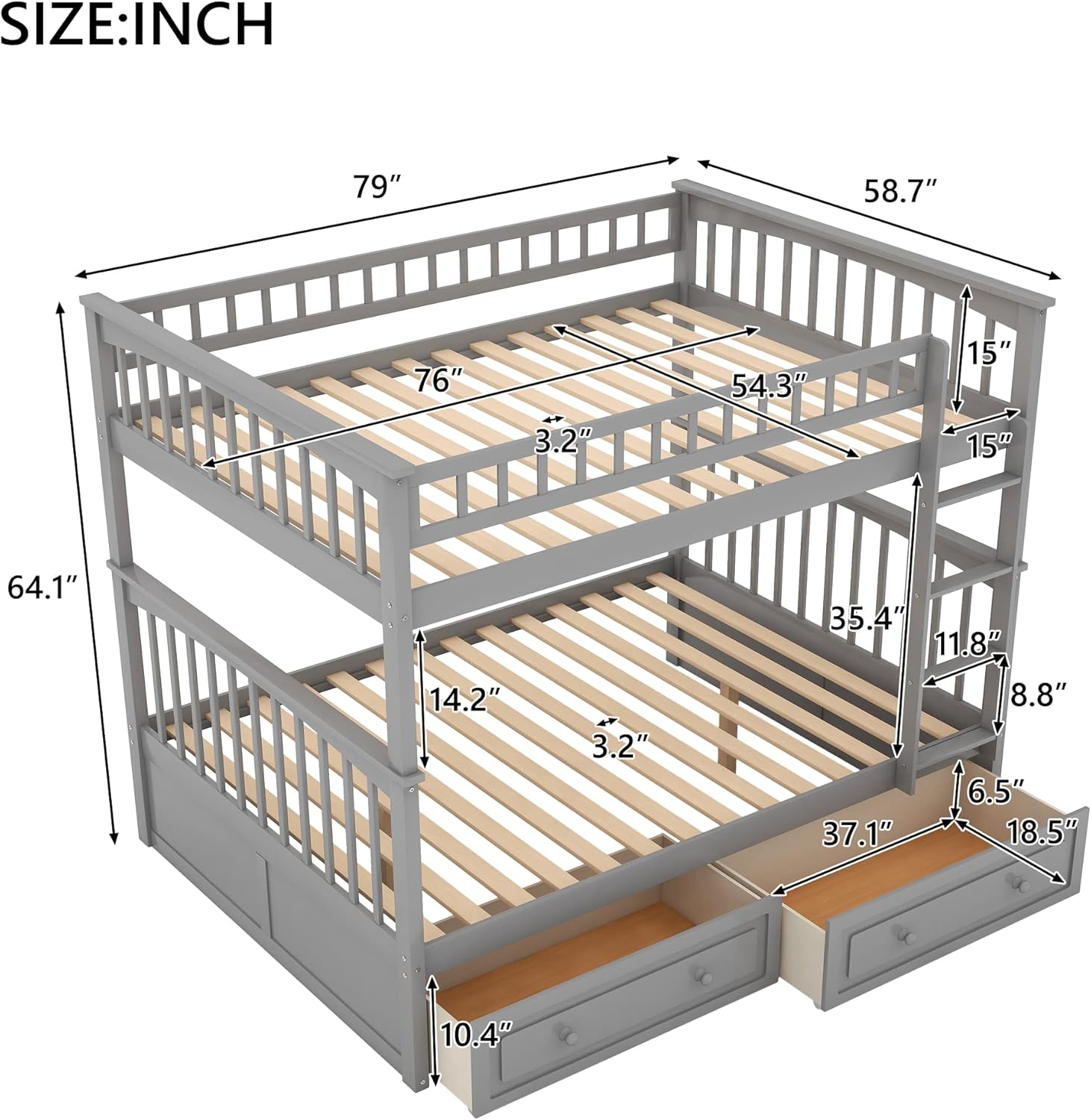 Full Bunk Bed with Drawers, Gray P259006