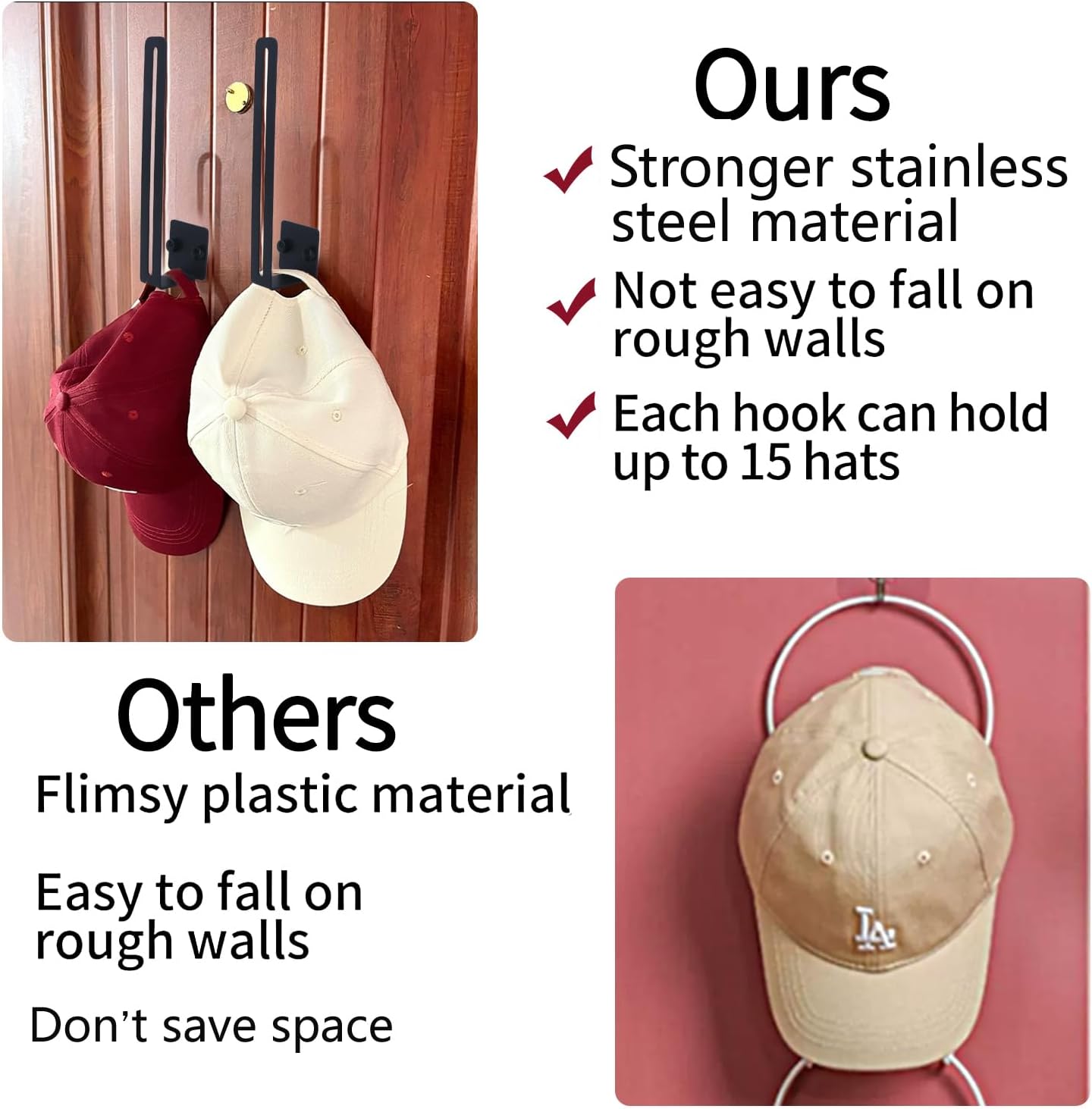 Hat Racks for Baseball Caps Wall Mount, Adhesive Hat Organizer T70576