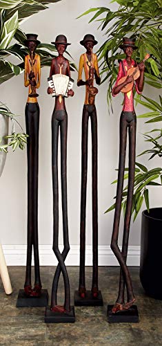 Polystone Musician Decorative Sculpture Tall Long Legged Jazz Band Home Decor Statues with Black Base Stand, Set of 4 Accent Figurines B370