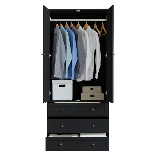 Wardrobe Armoire with 3 Drawers and 2 Doors, Freestanding Wooden Storage Cabinet for Bedroom H146302