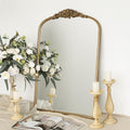 Keonjinn Gold Vintage Mirror for Wall, 24" x 36" Ornate Arched Mirror with Metal Frame, Gold Vanity Mirror, Baroque Arch Mirror, Decorative Mirror for Mantle, Living Room, French Cleat Mounting