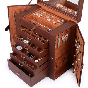 Extra Large Jewelry Box with Mirror, 6 Tier 5 Drawers Storage Organizer T242107