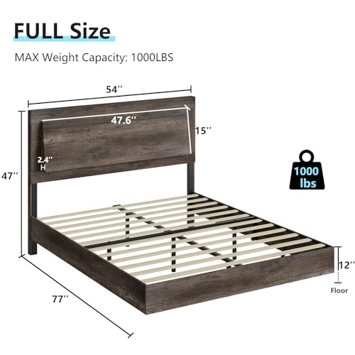 Floating Platform Bed Frame with Headboard and LED Light, Rustic Grey L9697
