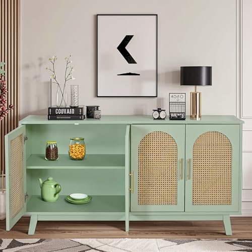 Mint Green Rattan Accent Storage Cabinet with 4 Doors J97283