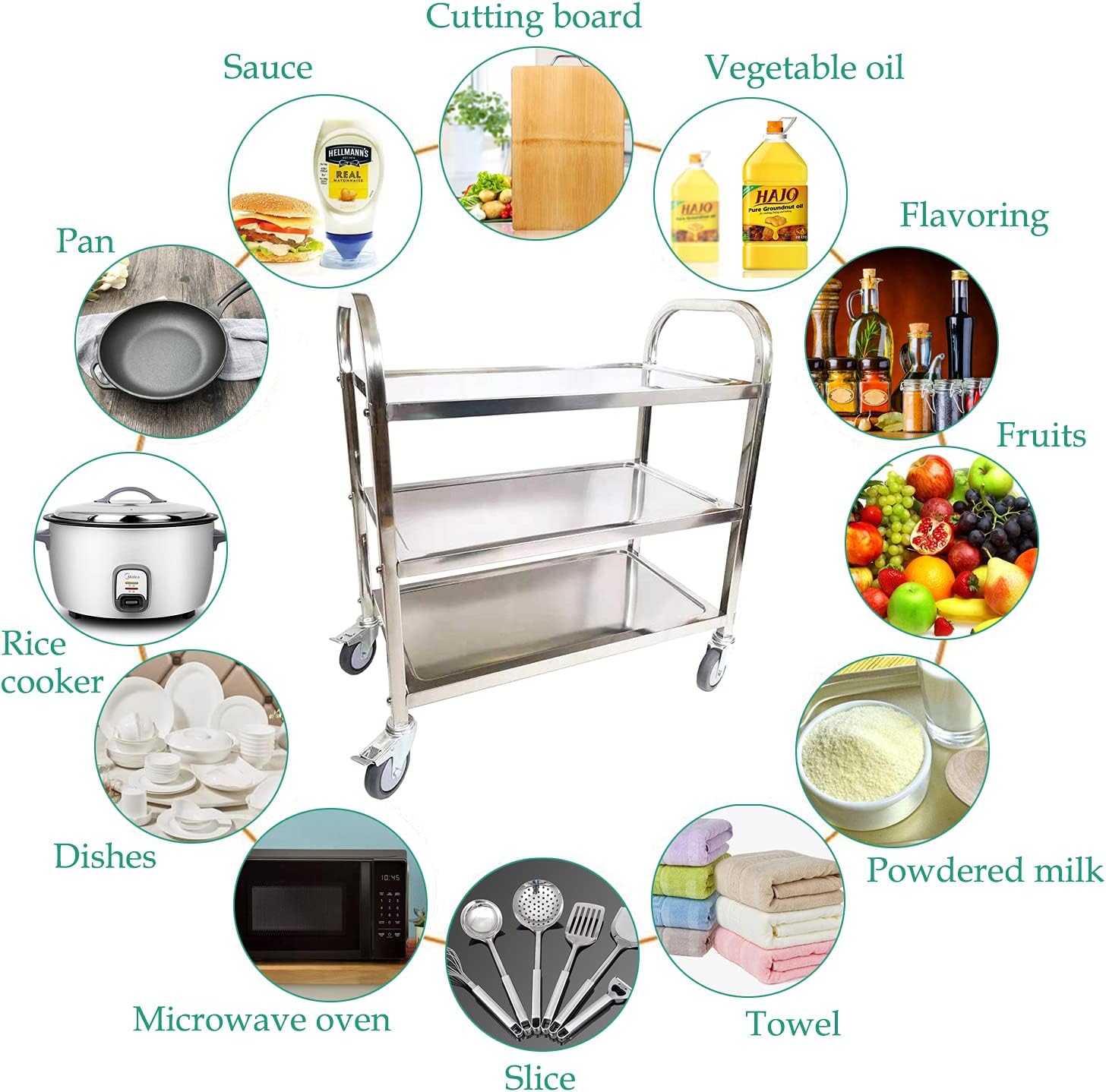 Stainless Steel 3-Tier Utility Cart with Locking Wheels H8460