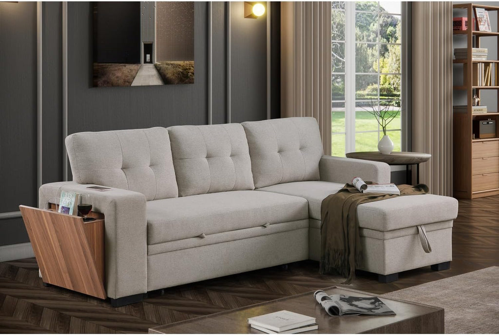 Modern L-Shaped Sleeper Sectional Sofa Bed with Chaise, Light Gray Z26874