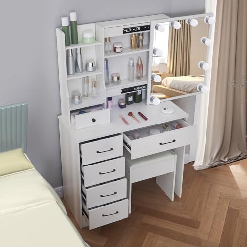 White Vanity Desk with Makeup Mirror and 10 Lights, 6 Drawers, Storage Shelves, Stool T1165