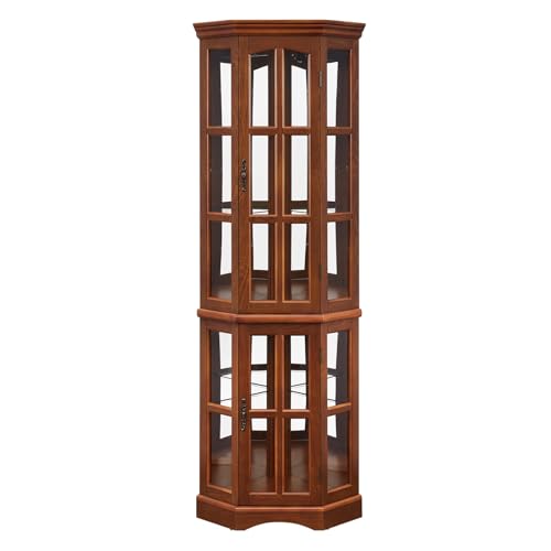 Corner Display Cabinet with 5 Shelves and Lighting, Tempered Glass Doors C105466