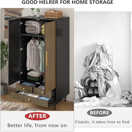 Wooden Wardrobe Closet with 2 Fluted Doors and 3 Drawers W2191