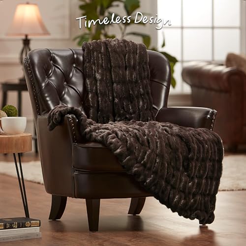 Ruched Faux Fur Throw Blanket, Reversible, 50" x 65", Dark Gray D10706