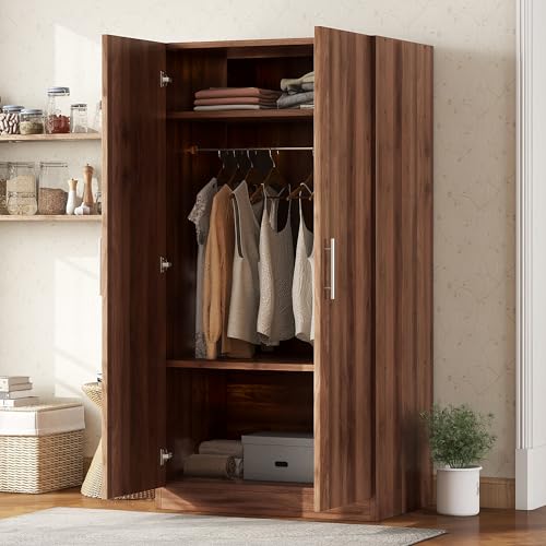 Wooden 2-Door Wardrobe with Shelves and Hanging Rail D6011