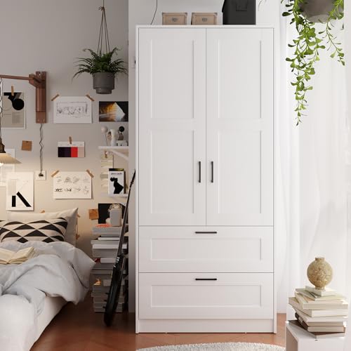 Wood Wardrobe Closet with 2 Doors and Drawers, Freestanding Armoire Storage Cabinet with Shelves P843