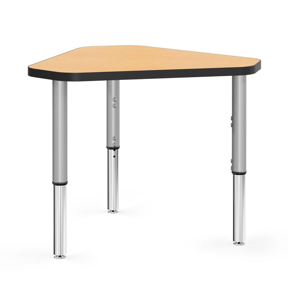 Tesco Synergy 29.75"x33.5" Jewel Shaped Classroom Student Desk, Fusion Maple Laminate Top, (17"-30") Adjustable Height, Black Edge and Silver Legs, Optional Book Box, Backpack Hook and Castors