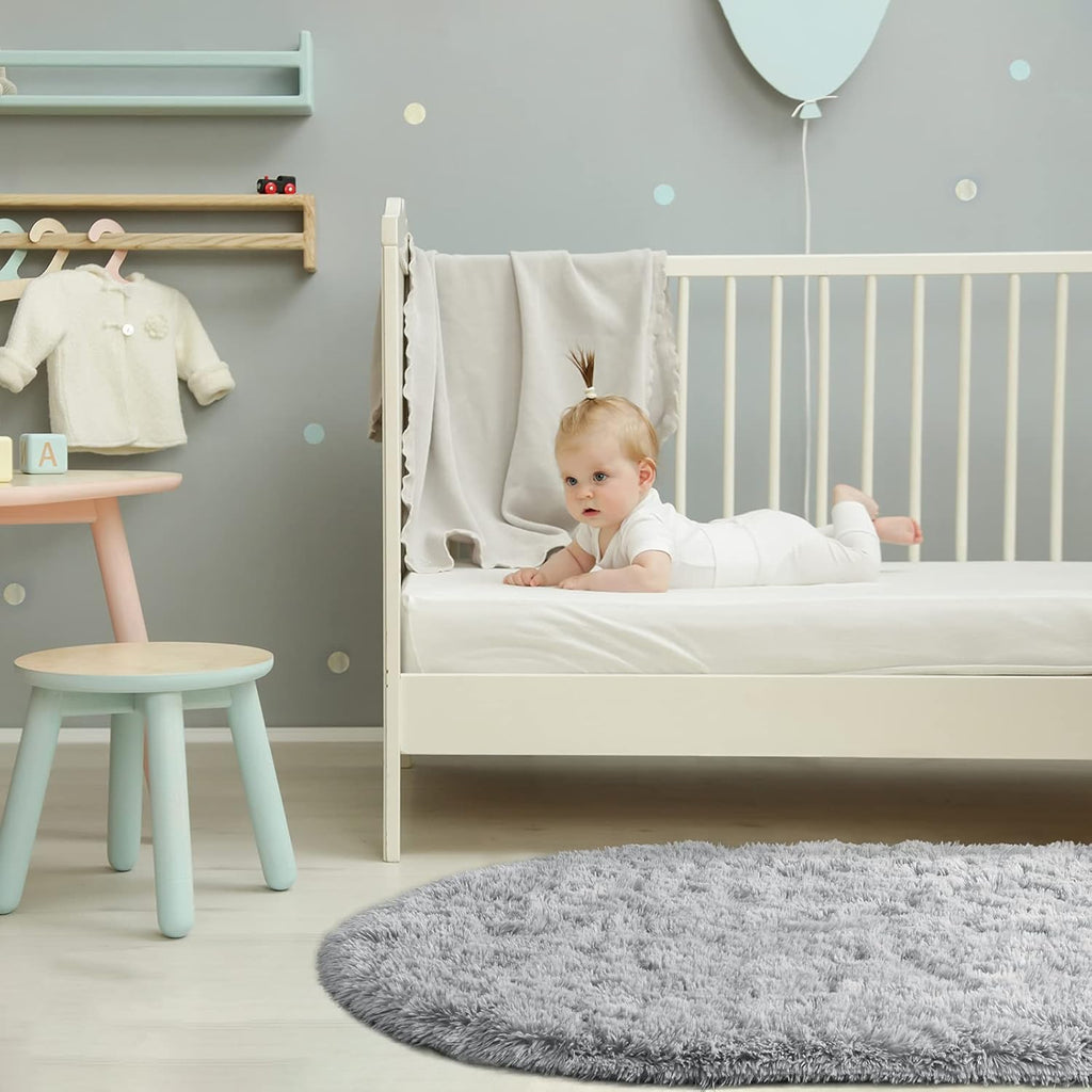 Fluffy Shag Area Rugs for Bedroom, Set of 2, Grey & Rainbow, Oval Indoor Carpet D990699