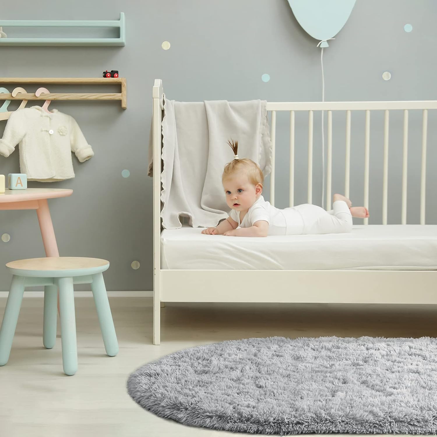 Fluffy Shag Area Rugs for Bedroom, Set of 2, Grey & Rainbow, Oval Indoor Carpet D990699