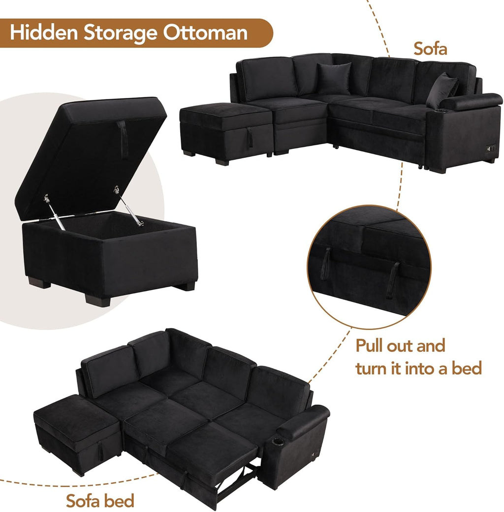 Sleeper Sofa Bed with Storage Ottoman, L-Shape Pull Out Couch L78390