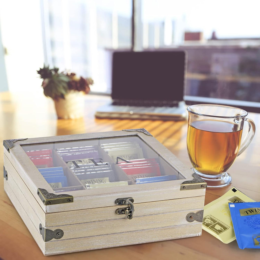 Tea Box Organizer with Glass Lid, 9 Compartments T7357