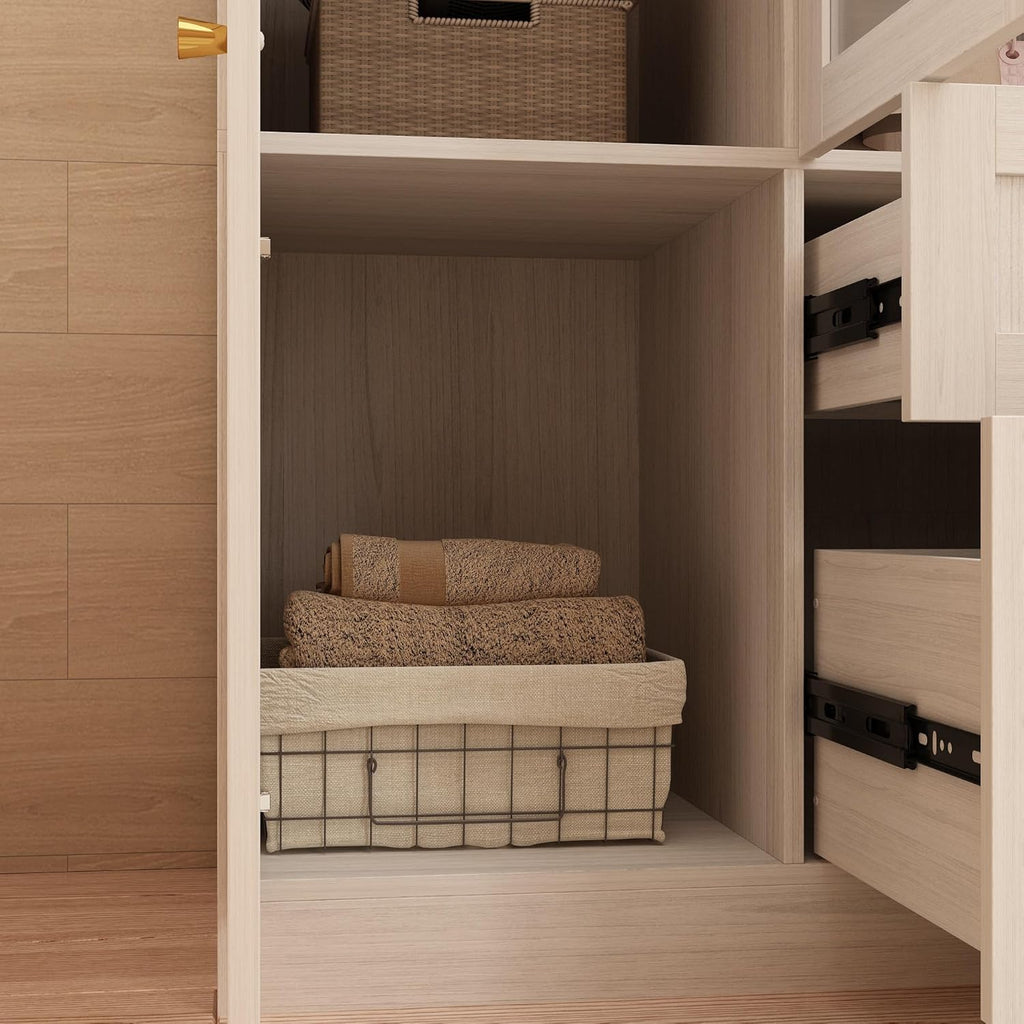 Armoire Wardrobe Closet with 4 Frosted Glass Doors, Hanging Bars, Shelves & Drawers O927454