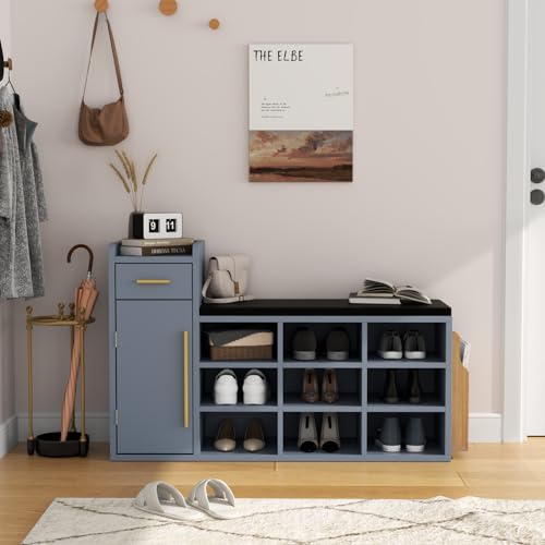 Shoe Storage Bench with 9 Cubbies, Cushion and Drawer Q3460