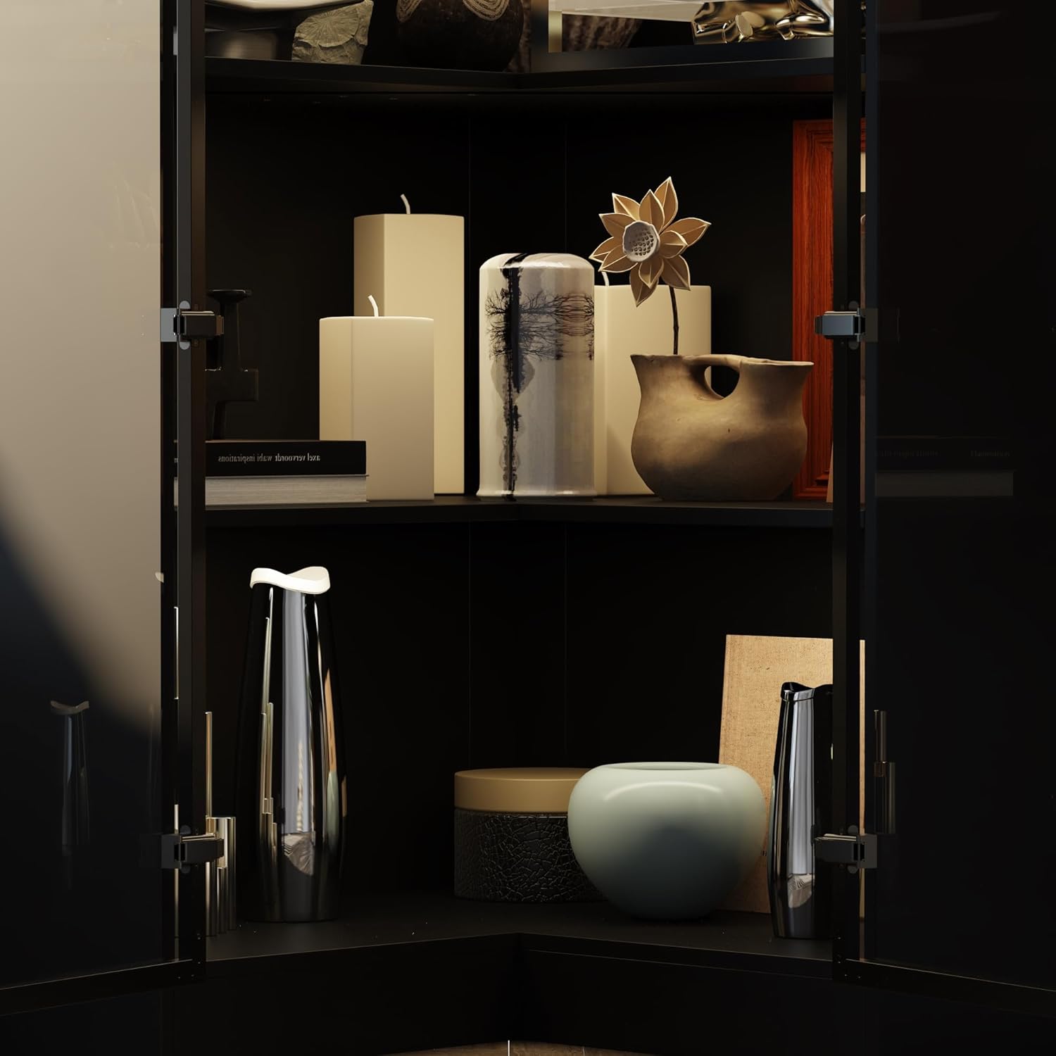 Corner Storage Cabinet with Glass Door and Light, 2 Doors and 4 Shelves, Black W407994